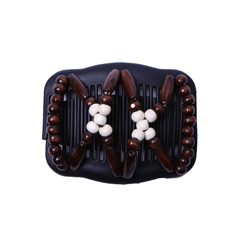 New Fashion Double Beaded Elastic Hair Comb Hairpin Women Elegant Vintage Natural Wood Magic Slide Comb Hair Clip Party Jewelry