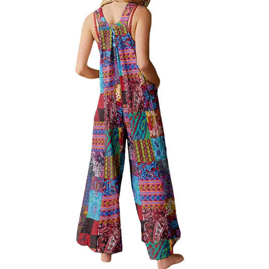 Captivating New Women Summer Overalls, Multicolor Ethnic Style Square Neck Sleeveless Casual Jumpsuit with Pockets for Girls