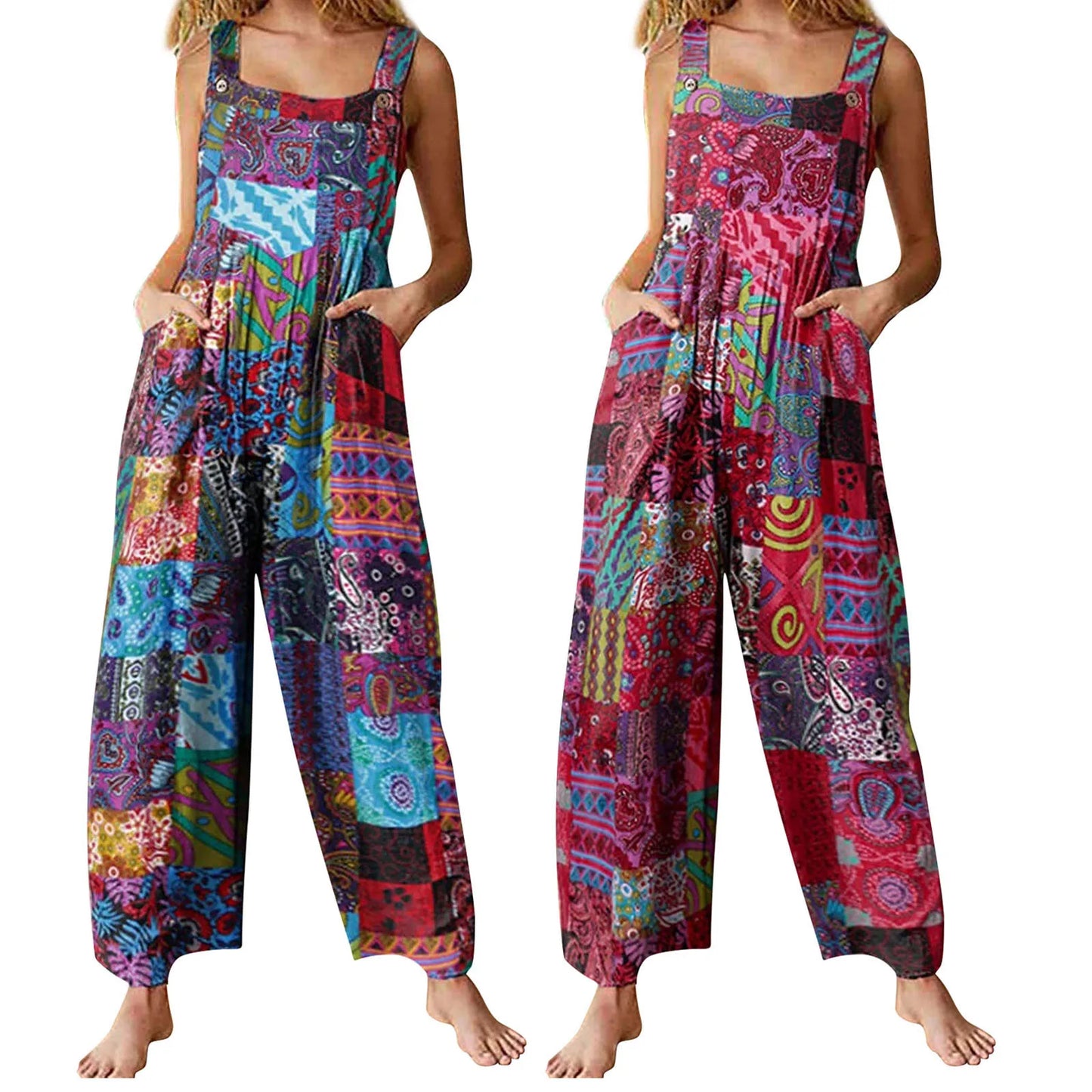 Captivating New Women Summer Overalls, Multicolor Ethnic Style Square Neck Sleeveless Casual Jumpsuit with Pockets for Girls