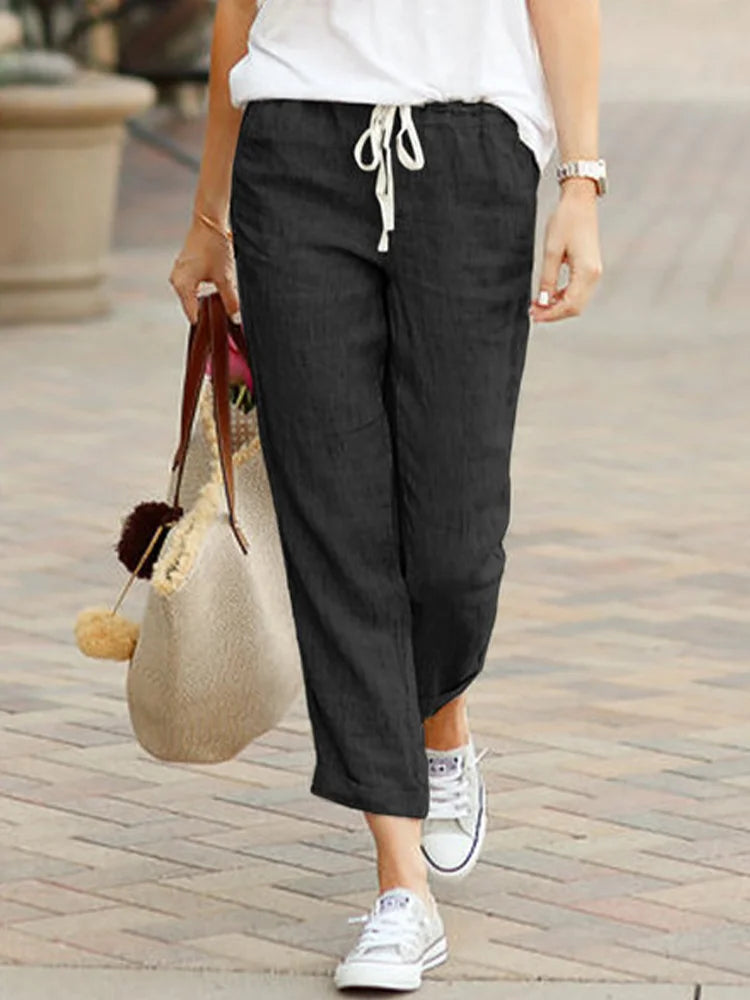 Women Elegant Simple Pants Fashion Drawstring Design Solid Color Cropped Pants Loose Causal Elastic Waist Office Lady Trousers