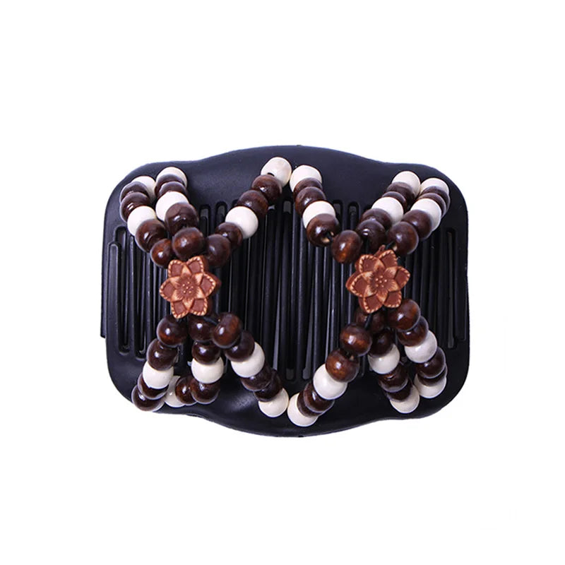 New Fashion Double Beaded Elastic Hair Comb Hairpin Women Elegant Vintage Natural Wood Magic Slide Comb Hair Clip Party Jewelry