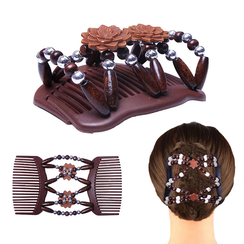 New Fashion Double Beaded Elastic Hair Comb Hairpin Women Elegant Vintage Natural Wood Magic Slide Comb Hair Clip Party Jewelry