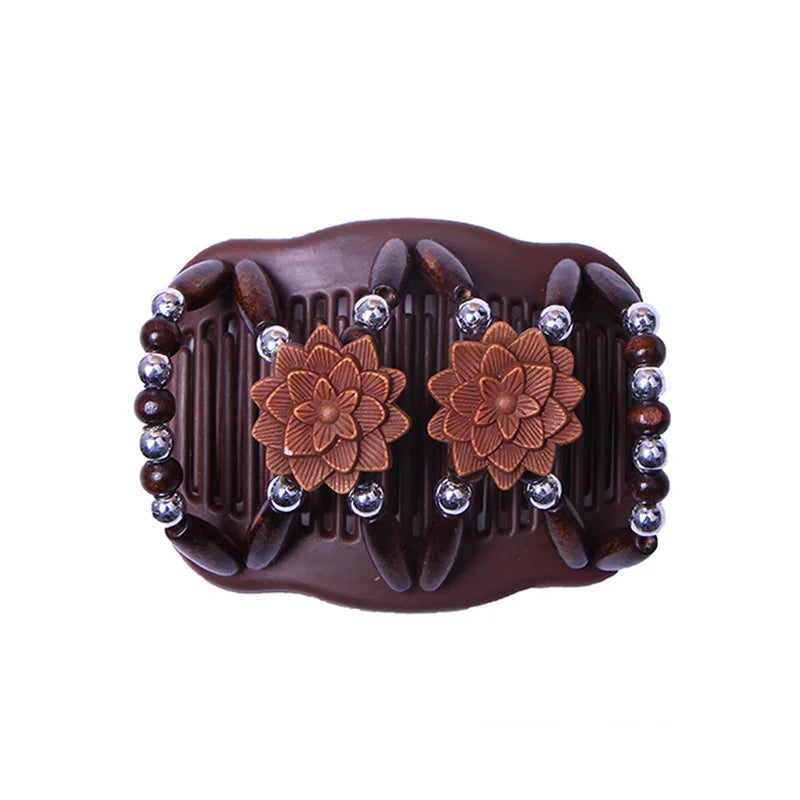 New Fashion Double Beaded Elastic Hair Comb Hairpin Women Elegant Vintage Natural Wood Magic Slide Comb Hair Clip Party Jewelry