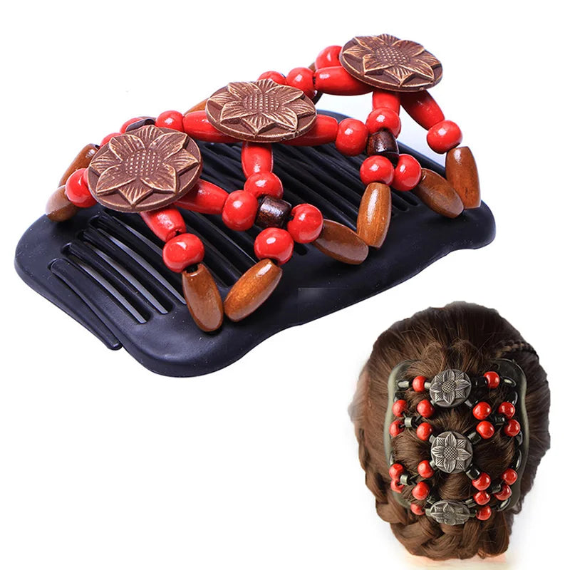 New Fashion Double Beaded Elastic Hair Comb Hairpin Women Elegant Vintage Natural Wood Magic Slide Comb Hair Clip Party Jewelry