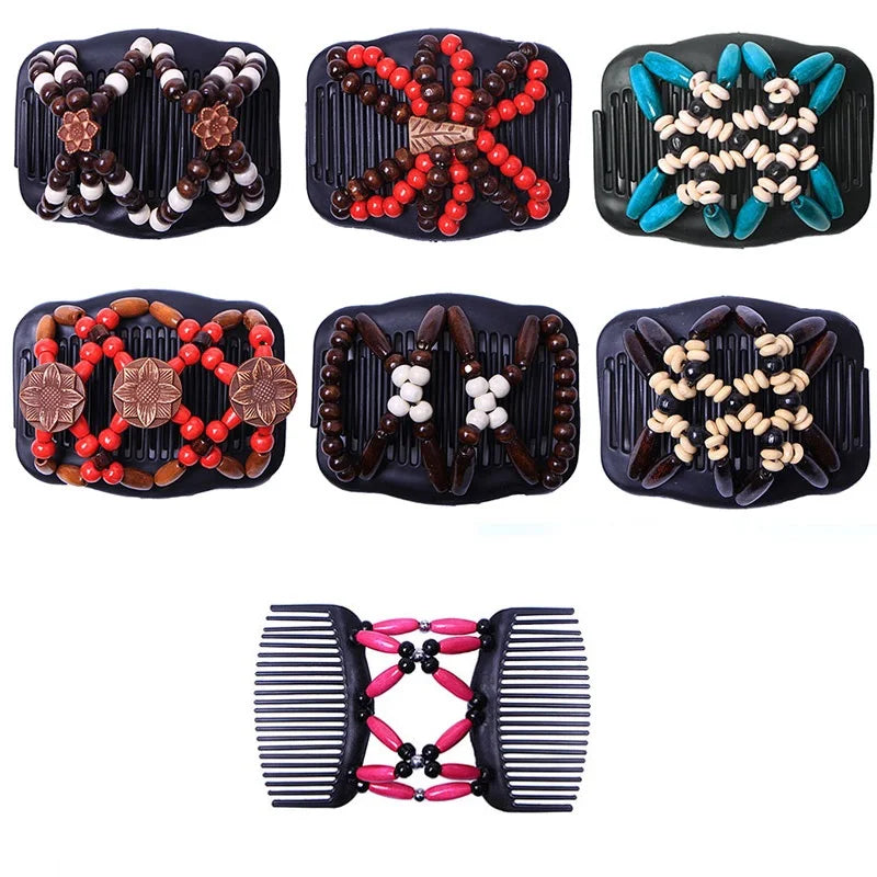 New Fashion Double Beaded Elastic Hair Comb Hairpin Women Elegant Vintage Natural Wood Magic Slide Comb Hair Clip Party Jewelry