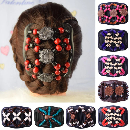New Fashion Double Beaded Elastic Hair Comb Hairpin Women Elegant Vintage Natural Wood Magic Slide Comb Hair Clip Party Jewelry
