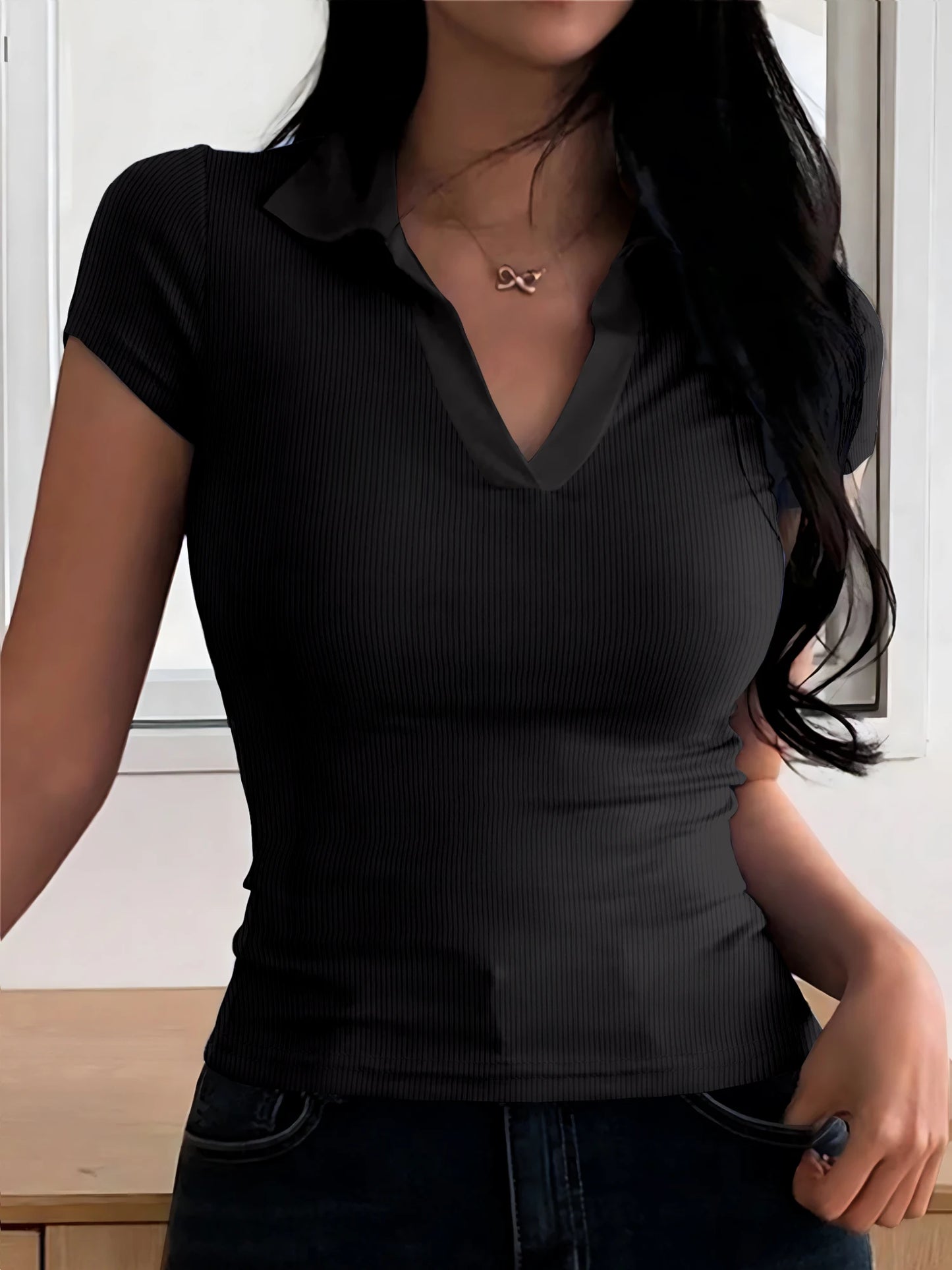 Summer Women's Color Collision POLO Shirt Slim Casual Solid Color Women's Tops Home Workwear V-neck Short-sleeved T-shirt Female