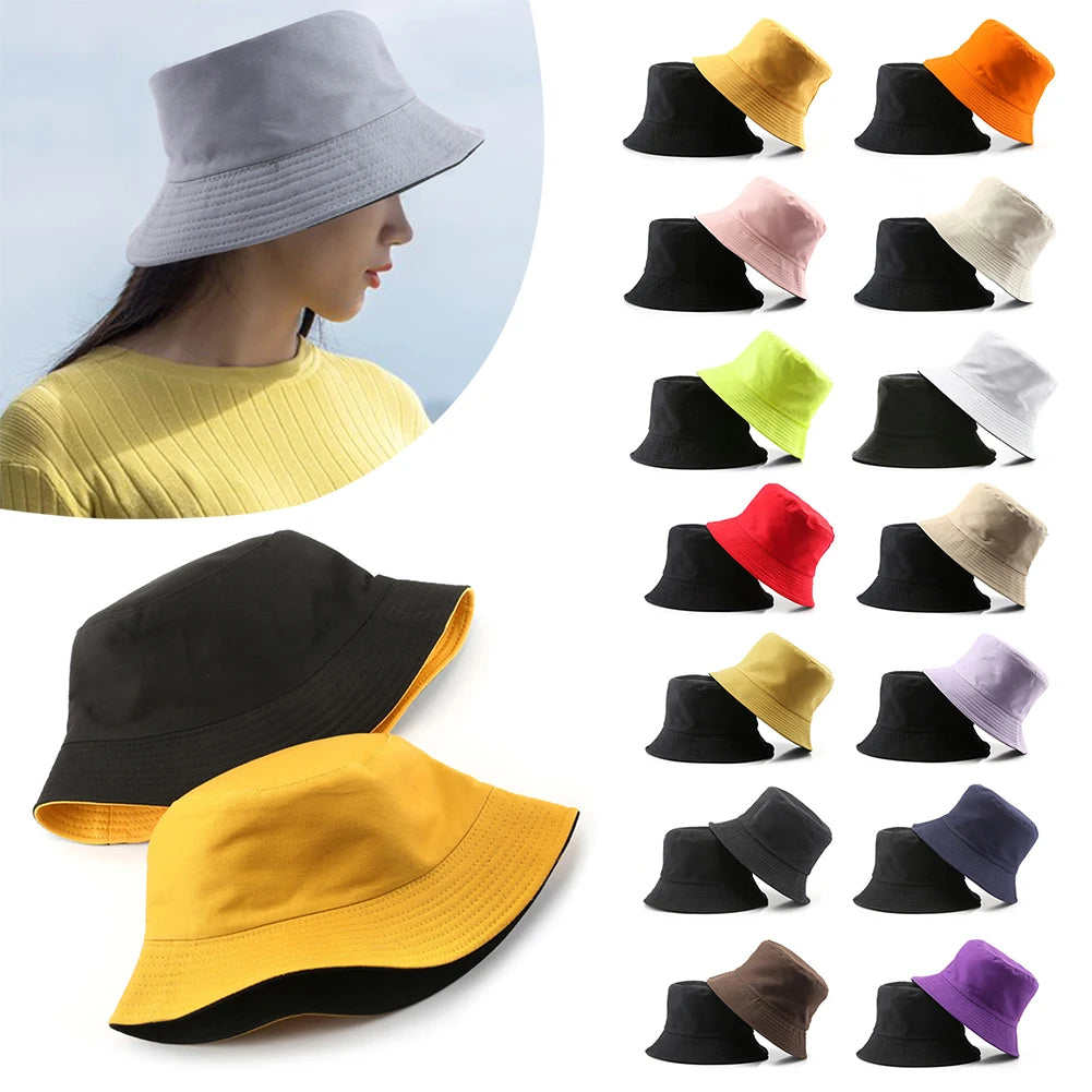 Double-sided Wearing Cap Solid Color Bucket Hat Men Women Sun Hat Reversible Fisherman Hat Summer Panama Cap Sun Fishing Caps