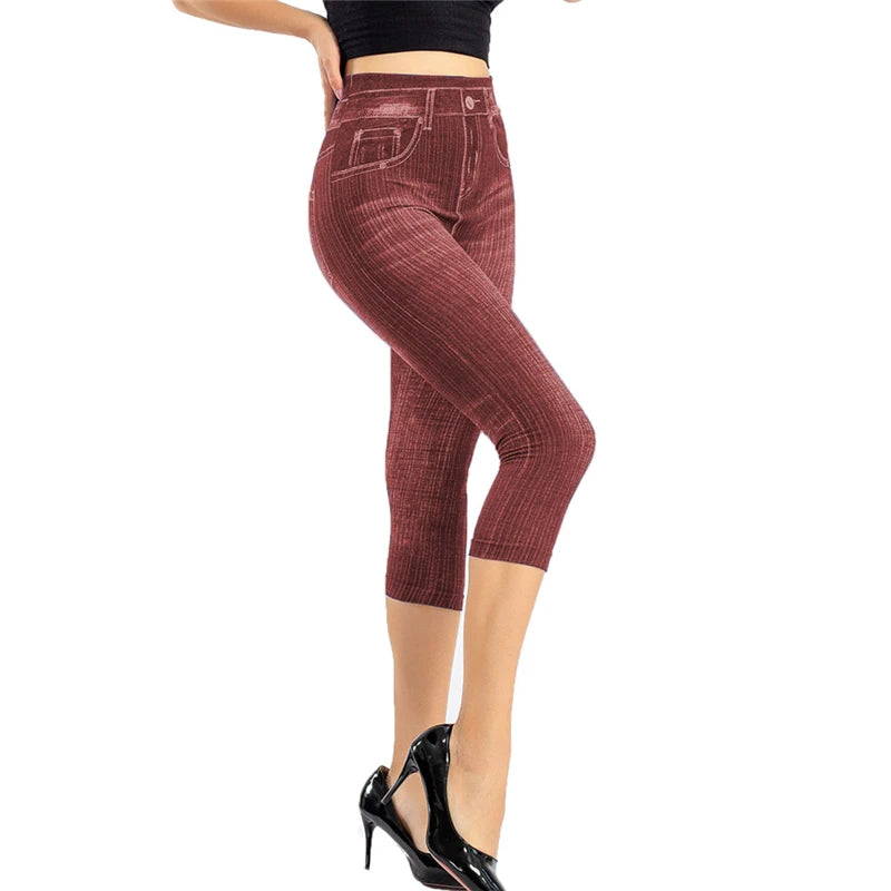Summer Women Fashion High Waist Skinny Jeans Knee Length Denim Capri Pants High Waist Skinny Jeans Knee Length Denim Pants