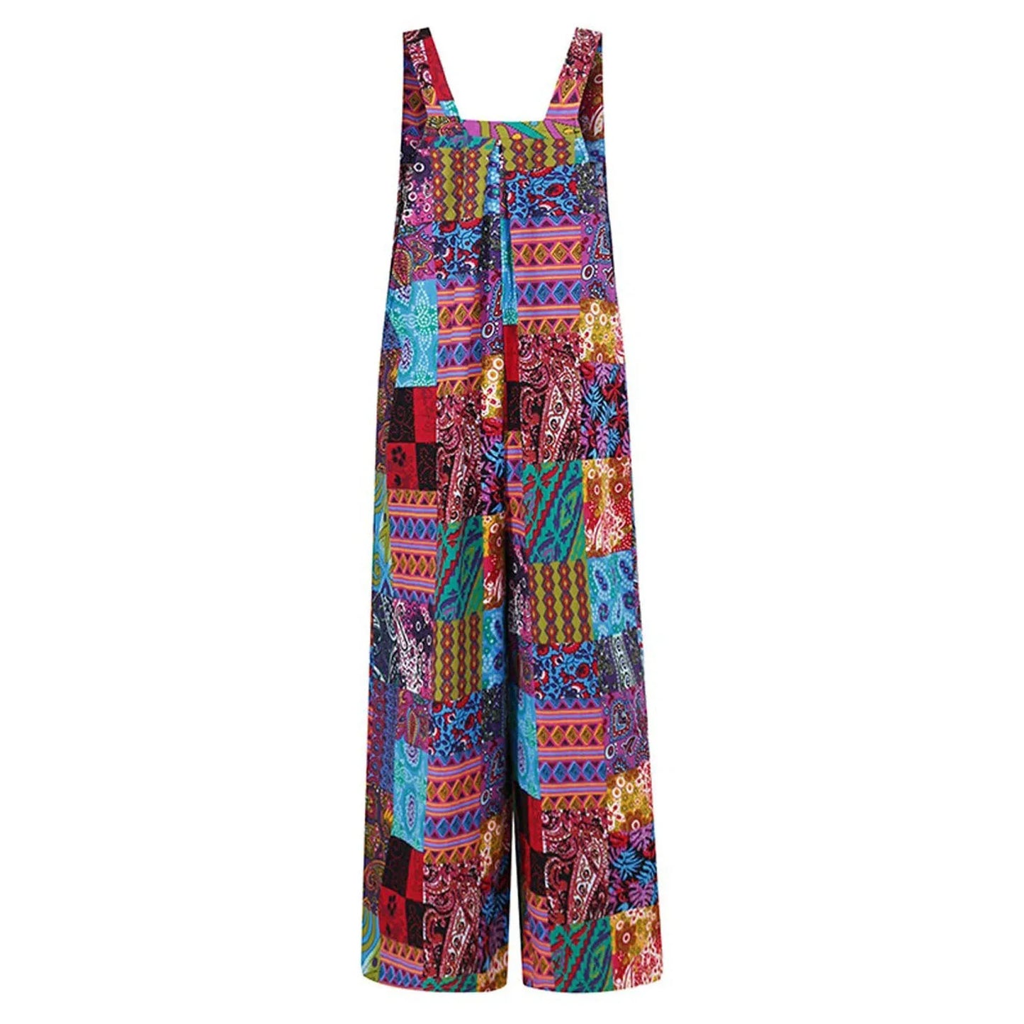Captivating New Women Summer Overalls, Multicolor Ethnic Style Square Neck Sleeveless Casual Jumpsuit with Pockets for Girls