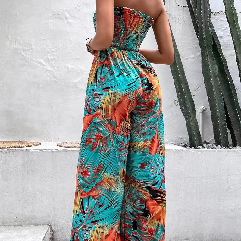Summer 2024 New Fashion Tube Top Casual Jumpsuit for Women Chic Casual Lace Up Print Women Jumpsuit Holiday Lady Clothes