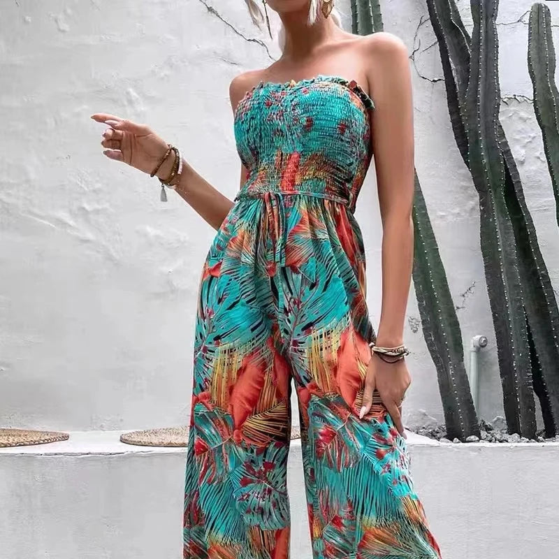 Summer 2024 New Fashion Tube Top Casual Jumpsuit for Women Chic Casual Lace Up Print Women Jumpsuit Holiday Lady Clothes