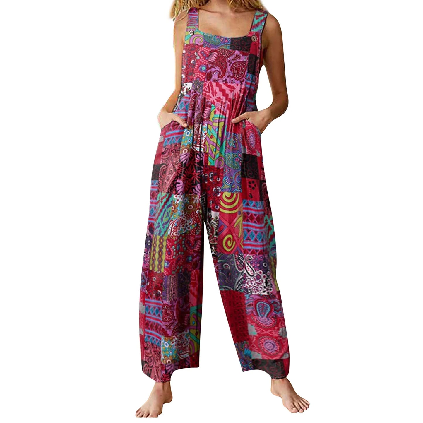 Captivating New Women Summer Overalls, Multicolor Ethnic Style Square Neck Sleeveless Casual Jumpsuit with Pockets for Girls