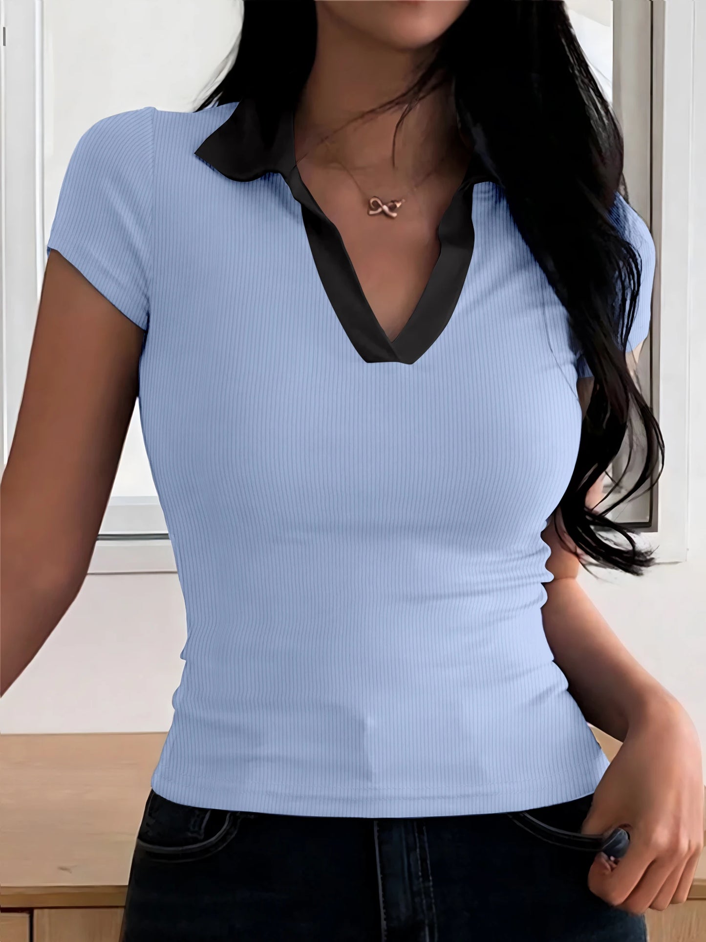 Summer Women's Color Collision POLO Shirt Slim Casual Solid Color Women's Tops Home Workwear V-neck Short-sleeved T-shirt Female