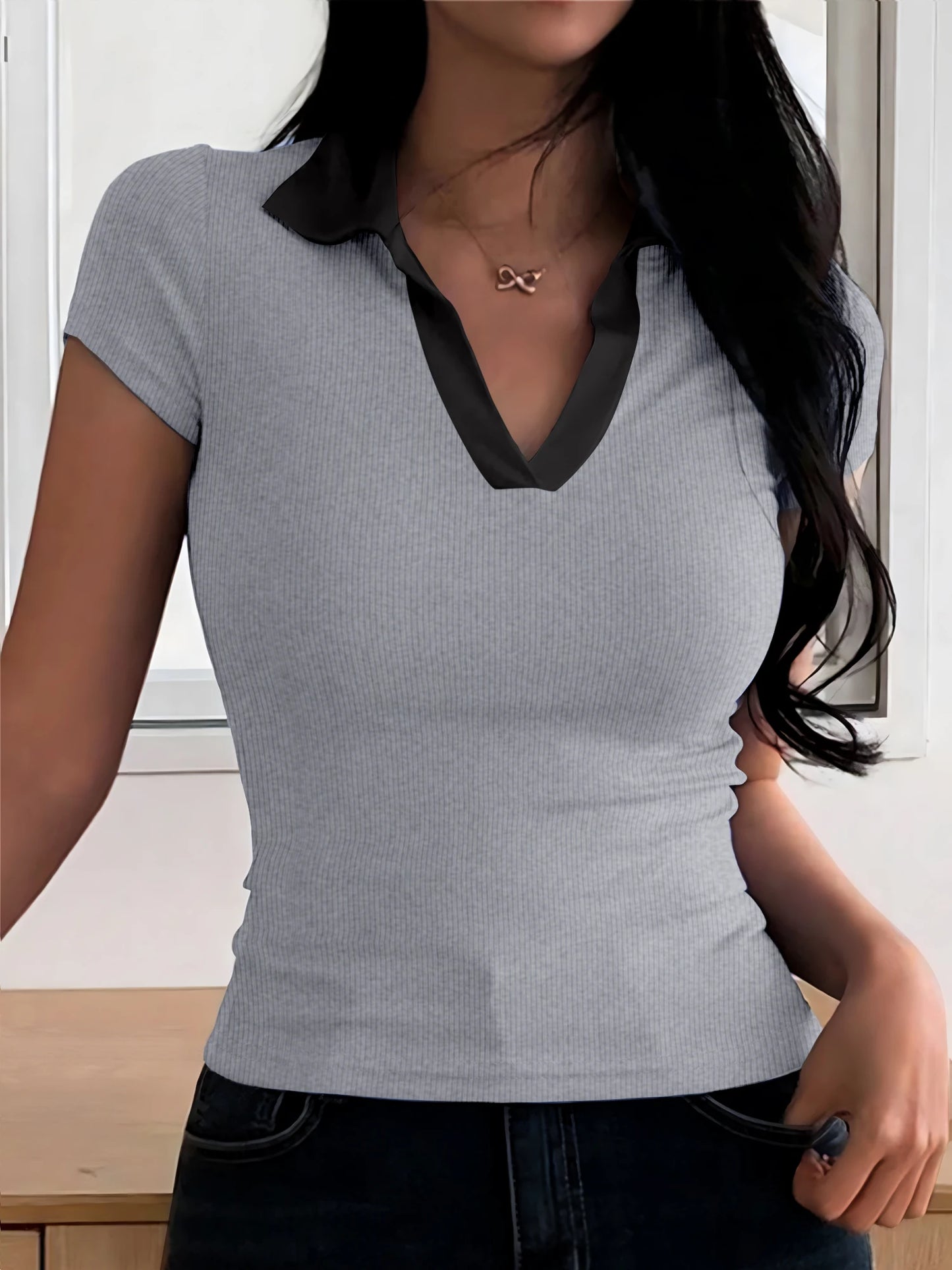 Summer Women's Color Collision POLO Shirt Slim Casual Solid Color Women's Tops Home Workwear V-neck Short-sleeved T-shirt Female