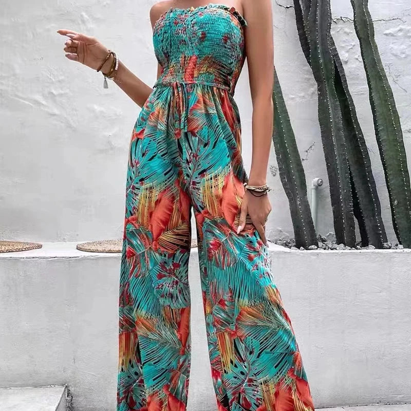 Summer 2024 New Fashion Tube Top Casual Jumpsuit for Women Chic Casual Lace Up Print Women Jumpsuit Holiday Lady Clothes