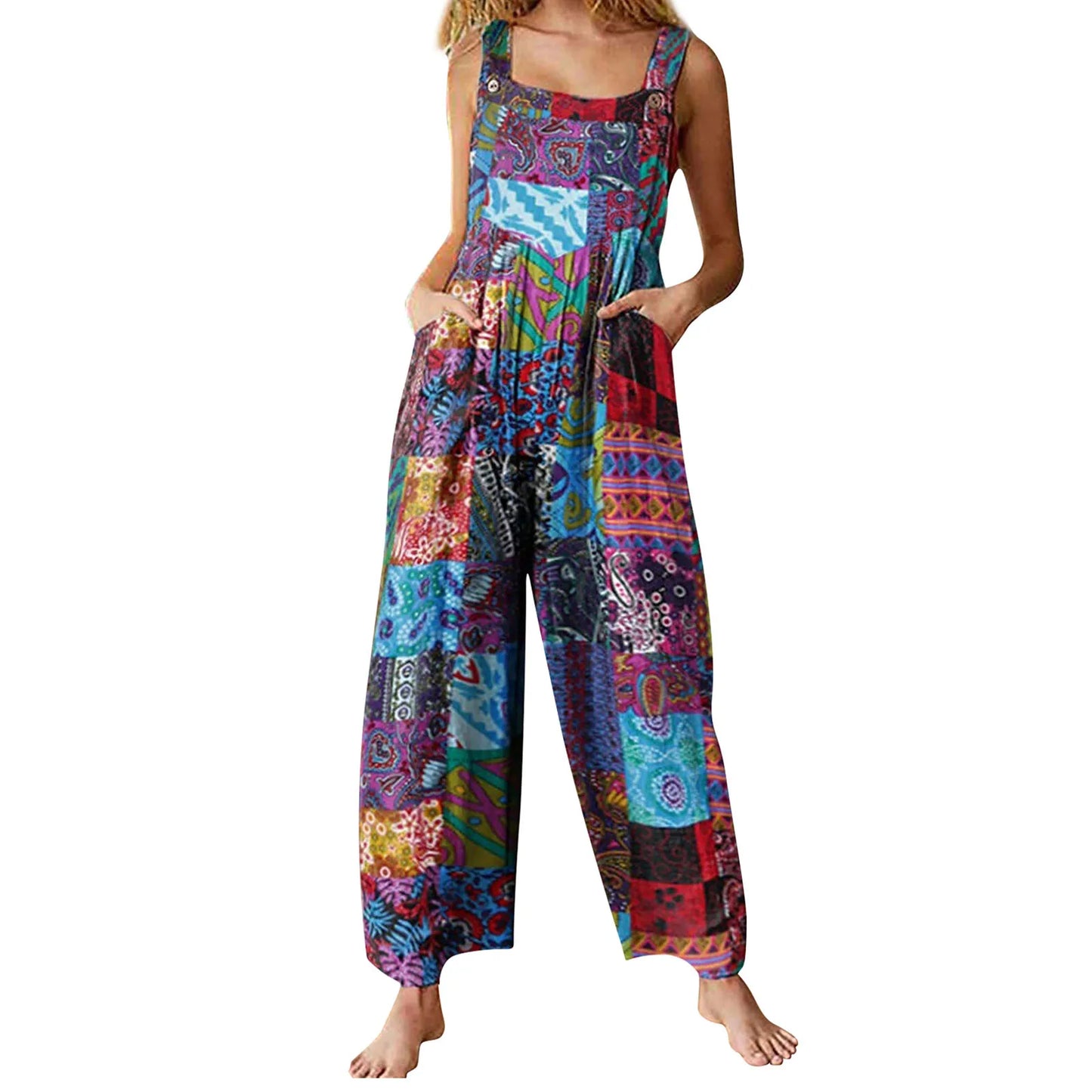 Captivating New Women Summer Overalls, Multicolor Ethnic Style Square Neck Sleeveless Casual Jumpsuit with Pockets for Girls