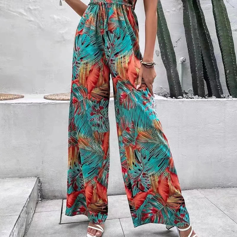 Summer 2024 New Fashion Tube Top Casual Jumpsuit for Women Chic Casual Lace Up Print Women Jumpsuit Holiday Lady Clothes