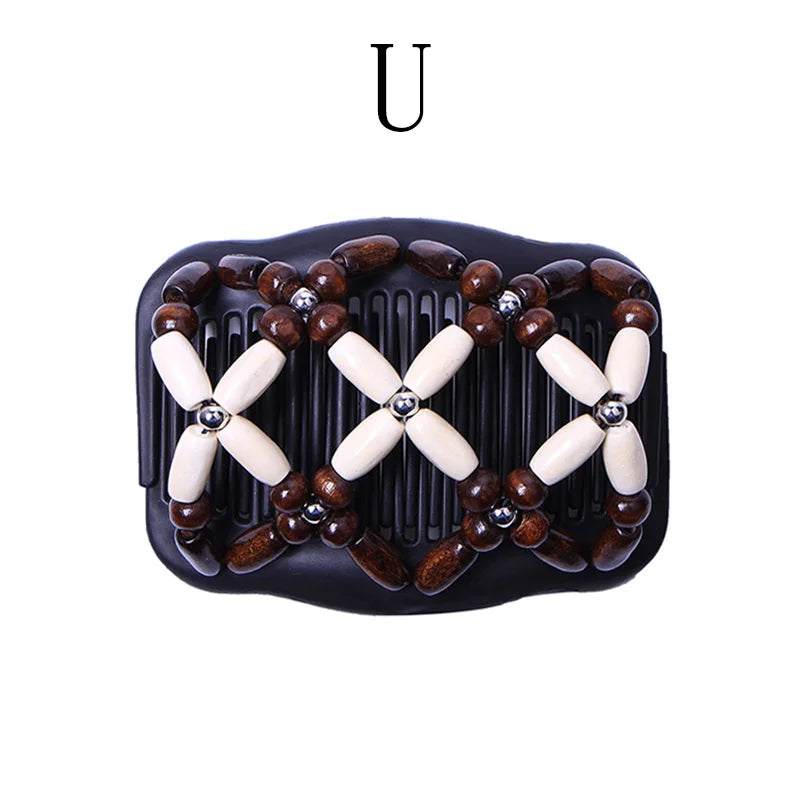 New Fashion Double Beaded Elastic Hair Comb Hairpin Women Elegant Vintage Natural Wood Magic Slide Comb Hair Clip Party Jewelry